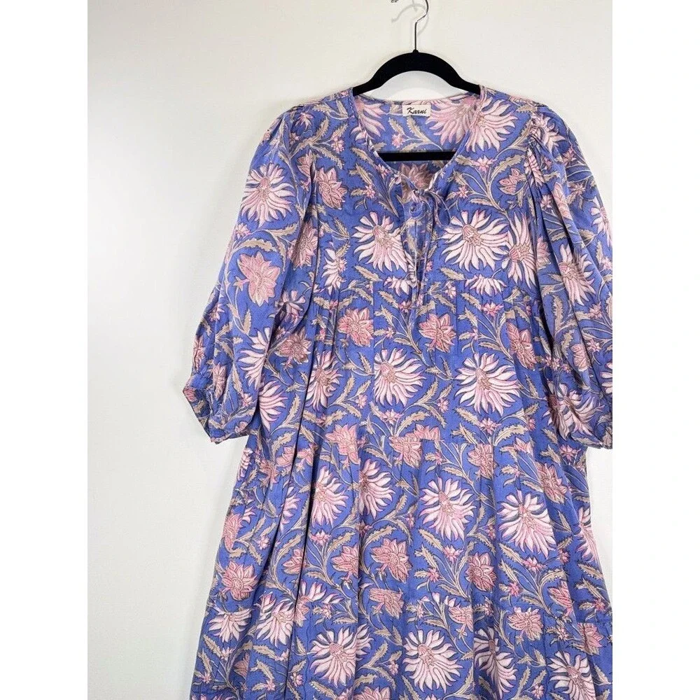 Karni Womens Dress Purple Mini Floral V Neck Puffed A Line Babydoll Boho Large - Picture 5 of 12